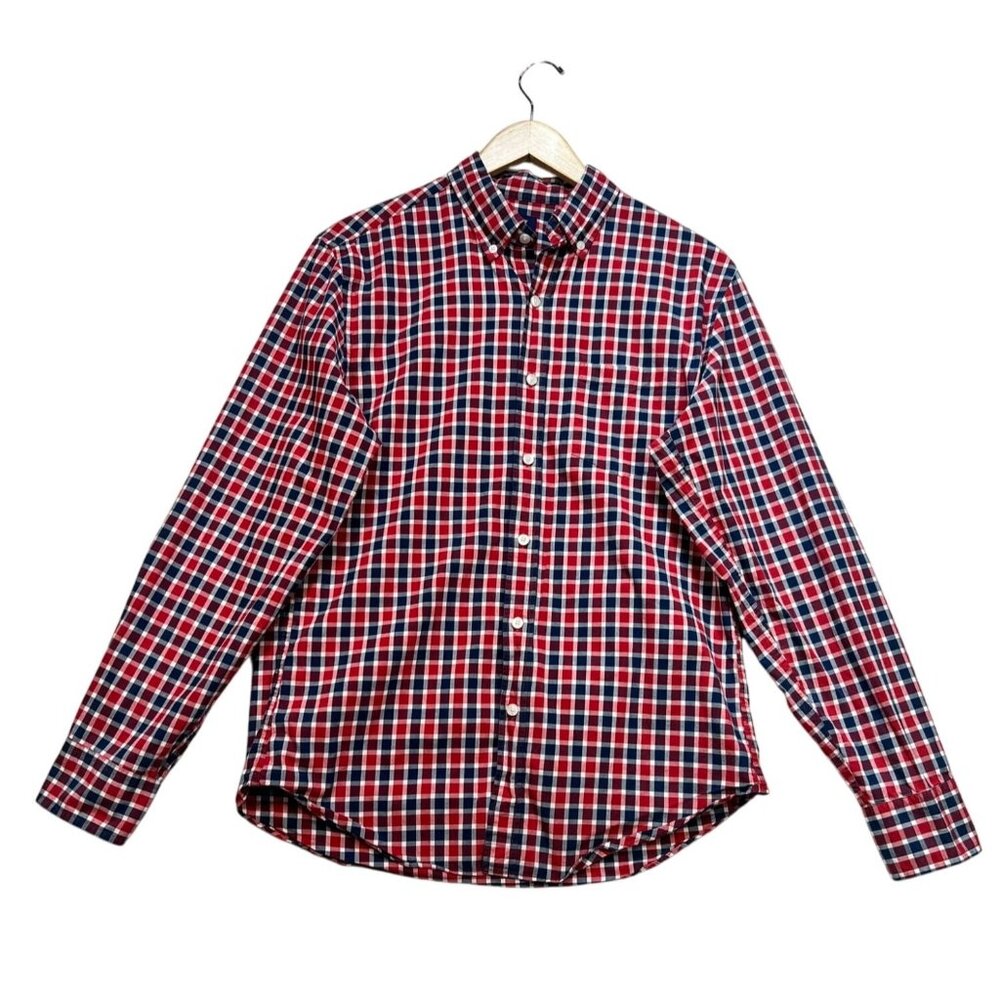 J. Crew Button Down Shirt Mens M Red Navy Plaid Long-Sleeve Classic Casual